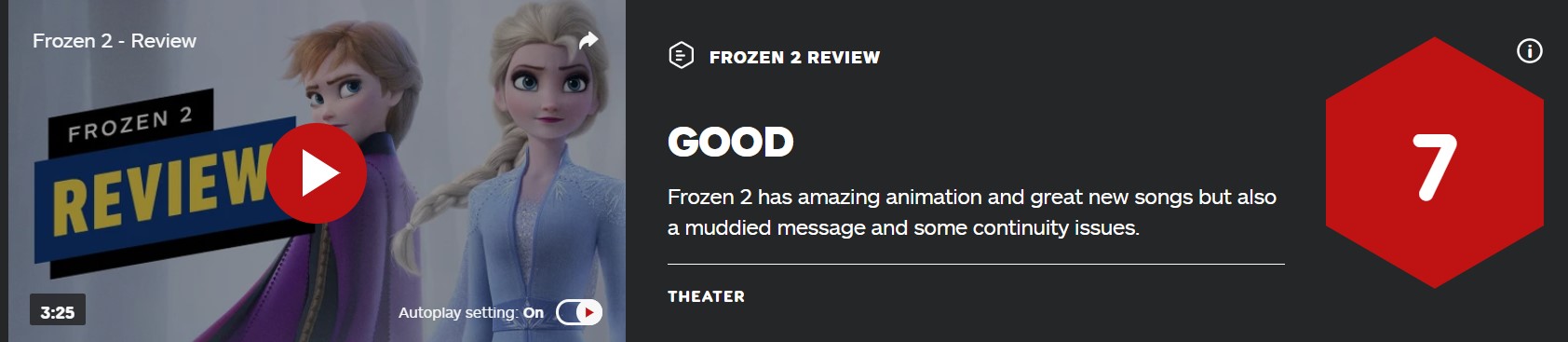 《冰雪奇缘2》IGN 7分：动画超赞新歌超棒 但问题不少